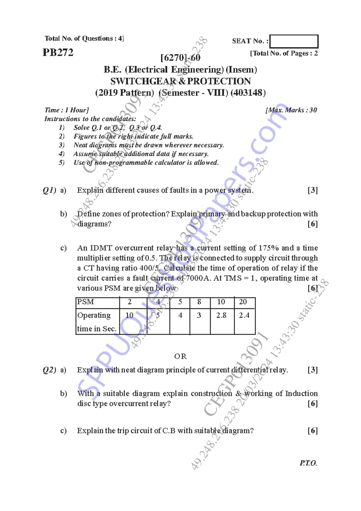 PB272 Midsem Exam: Switchgear Protection (Sem 8, 2019 Pattern) - Studocu