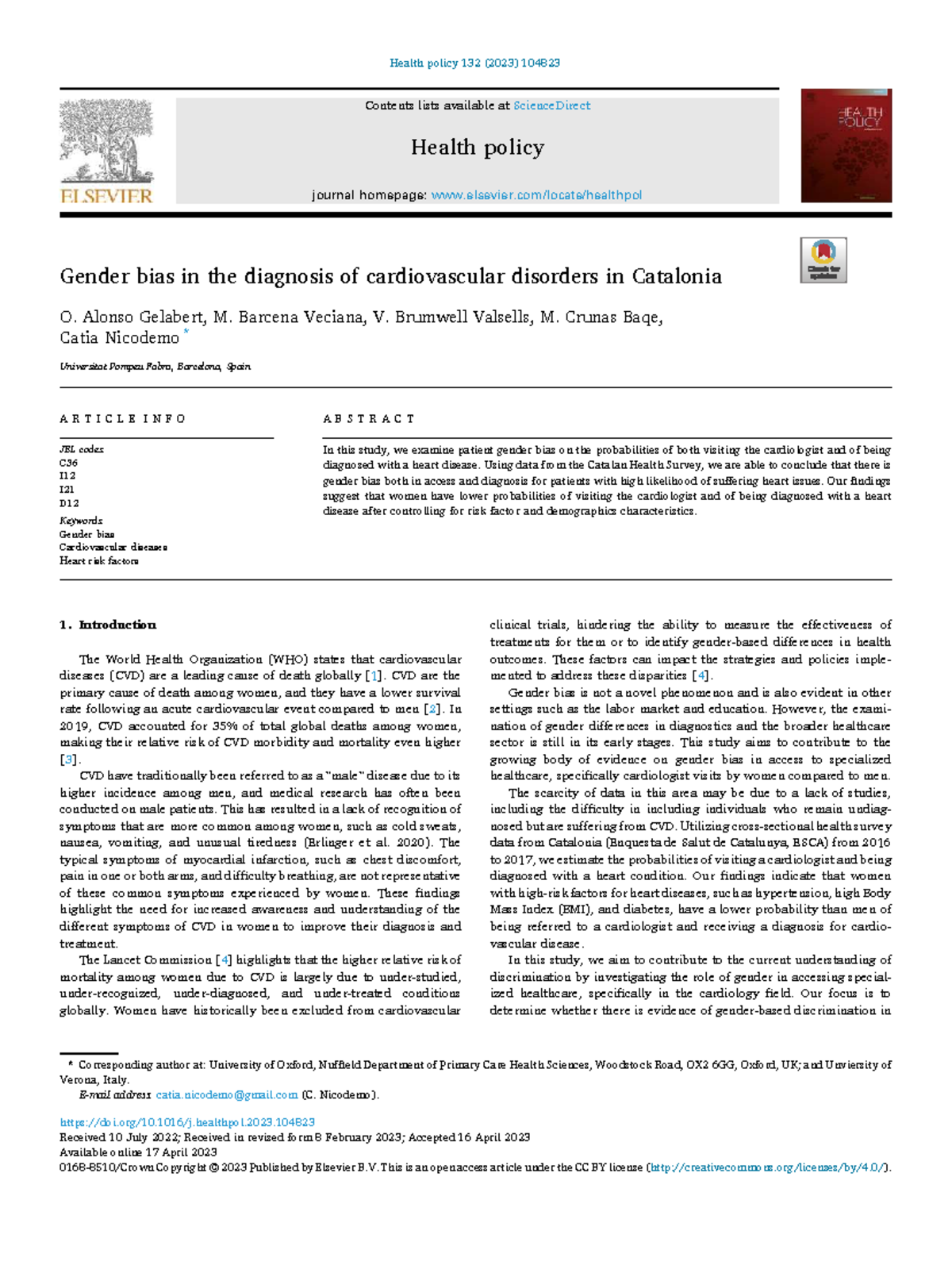 Health Policy 132: Gender Bias in Cardiovascular Diagnosis in Catalonia ...