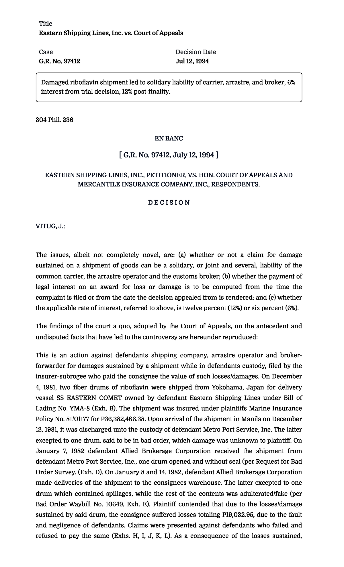 Eastern Shipping Lines Inc. vs. Court of Appeals - Title Eastern ...