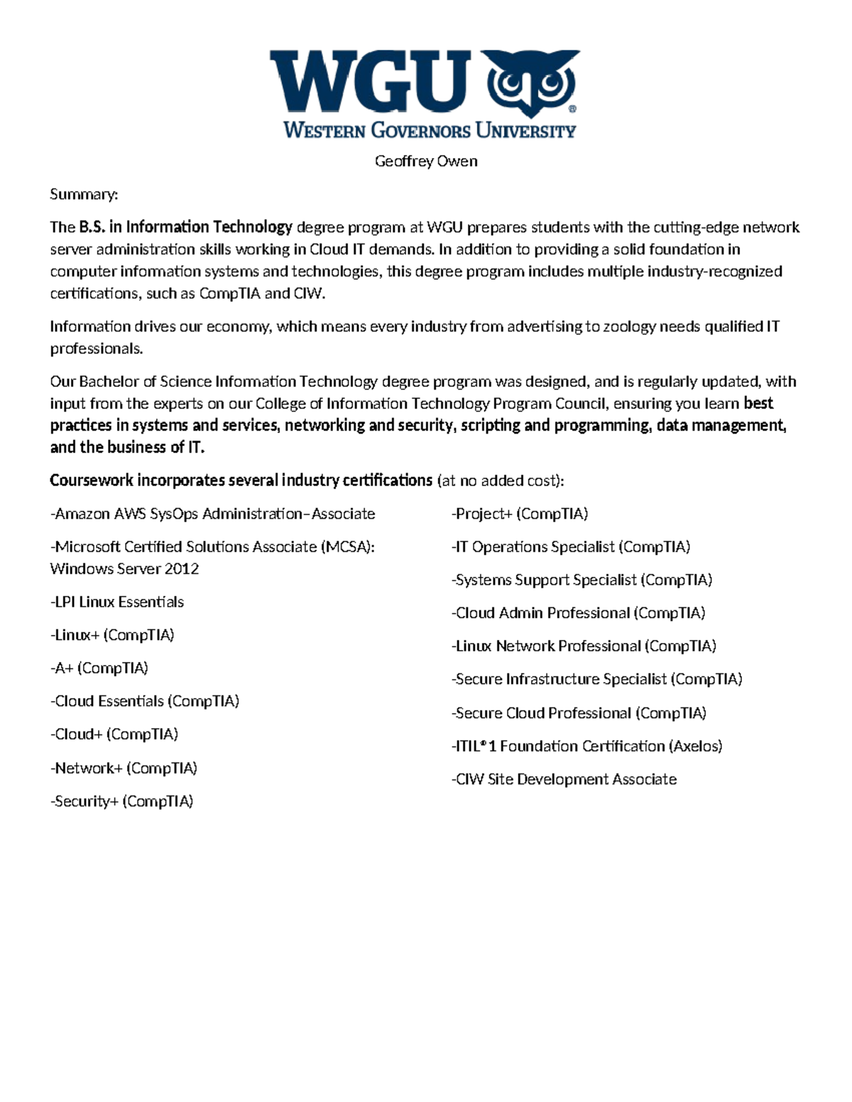 WGU B.S. IT Program Summary & Industry Certifications Overview - Studocu