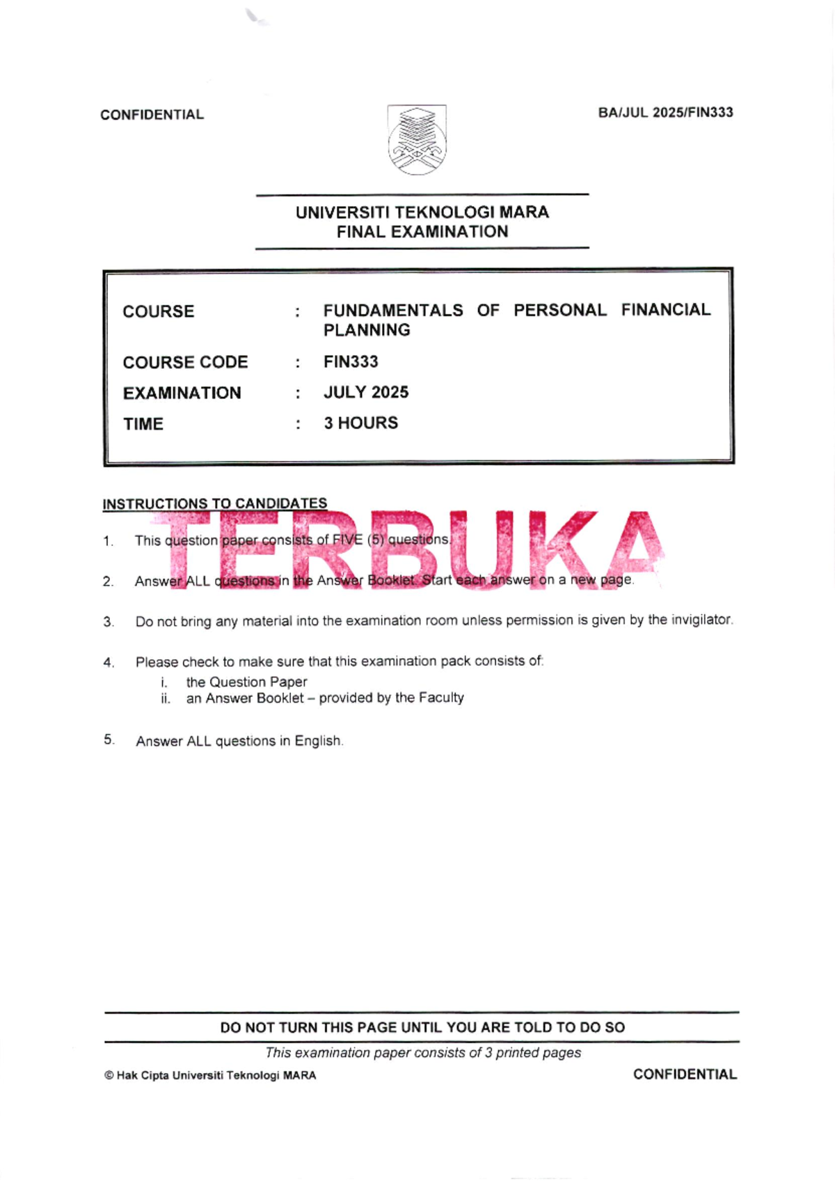 FIN333 Final Exam Paper: Fundamentals of Personal Finance - July 2025 ...