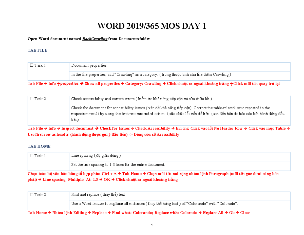 WORD 2019/365 MOS Day 1: Document Editing & Accessibility Tasks - Studocu