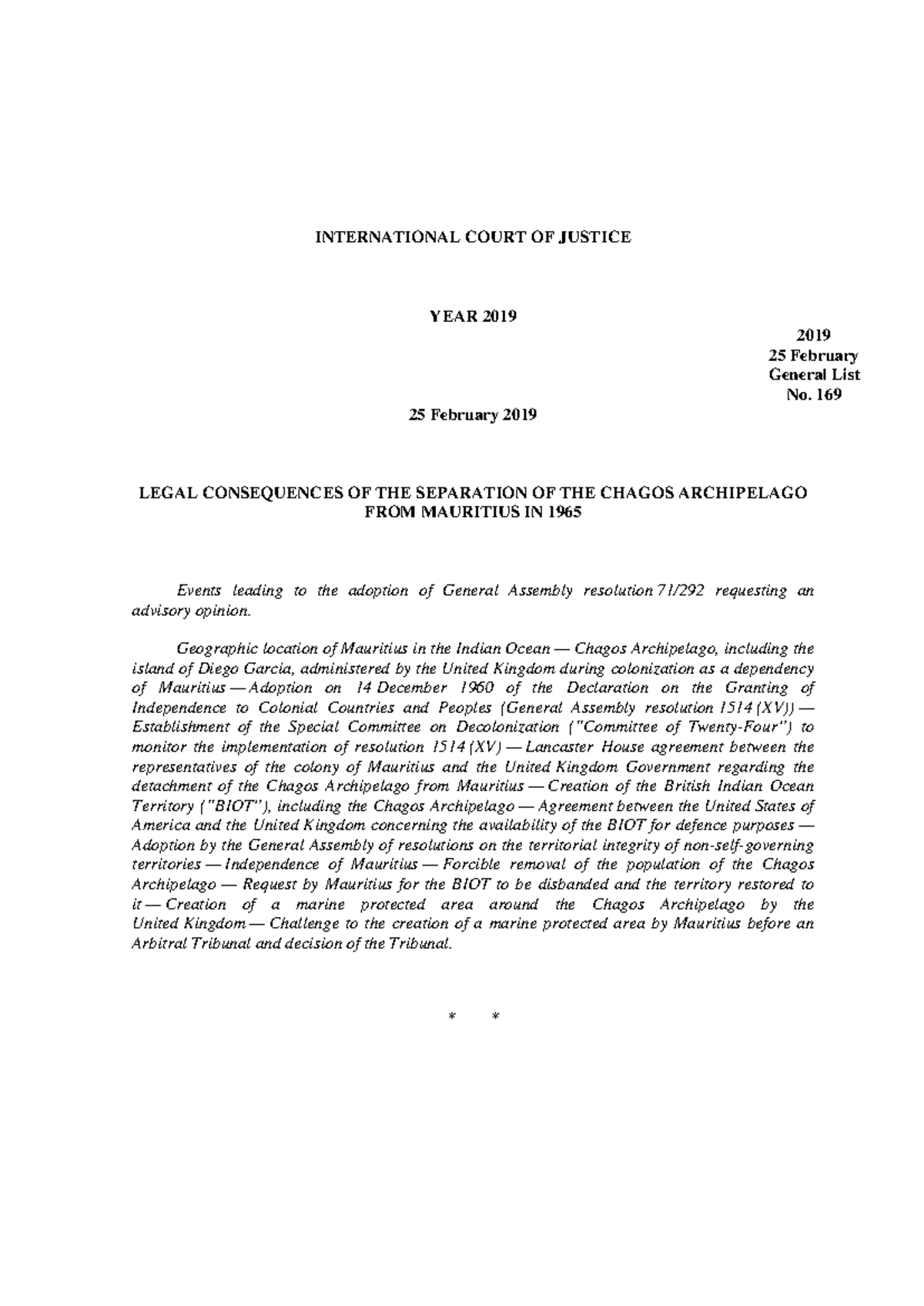 ICJ Advisory Opinion on Chagos Archipelago Separation - 2019 - Studocu