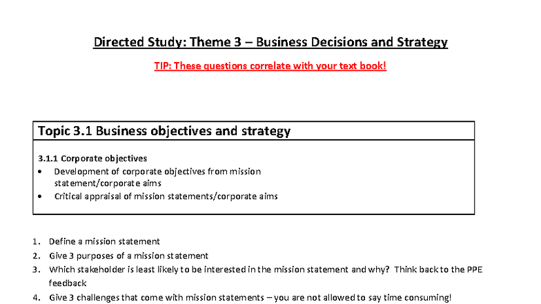 Directed Study: Theme 3.1 Business Decisions & Strategy Revision ...