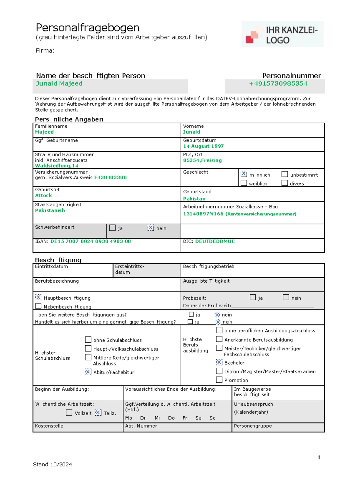 Personalfragebogen für Junaid Majeed - Personalnummer 13140897M166 ...
