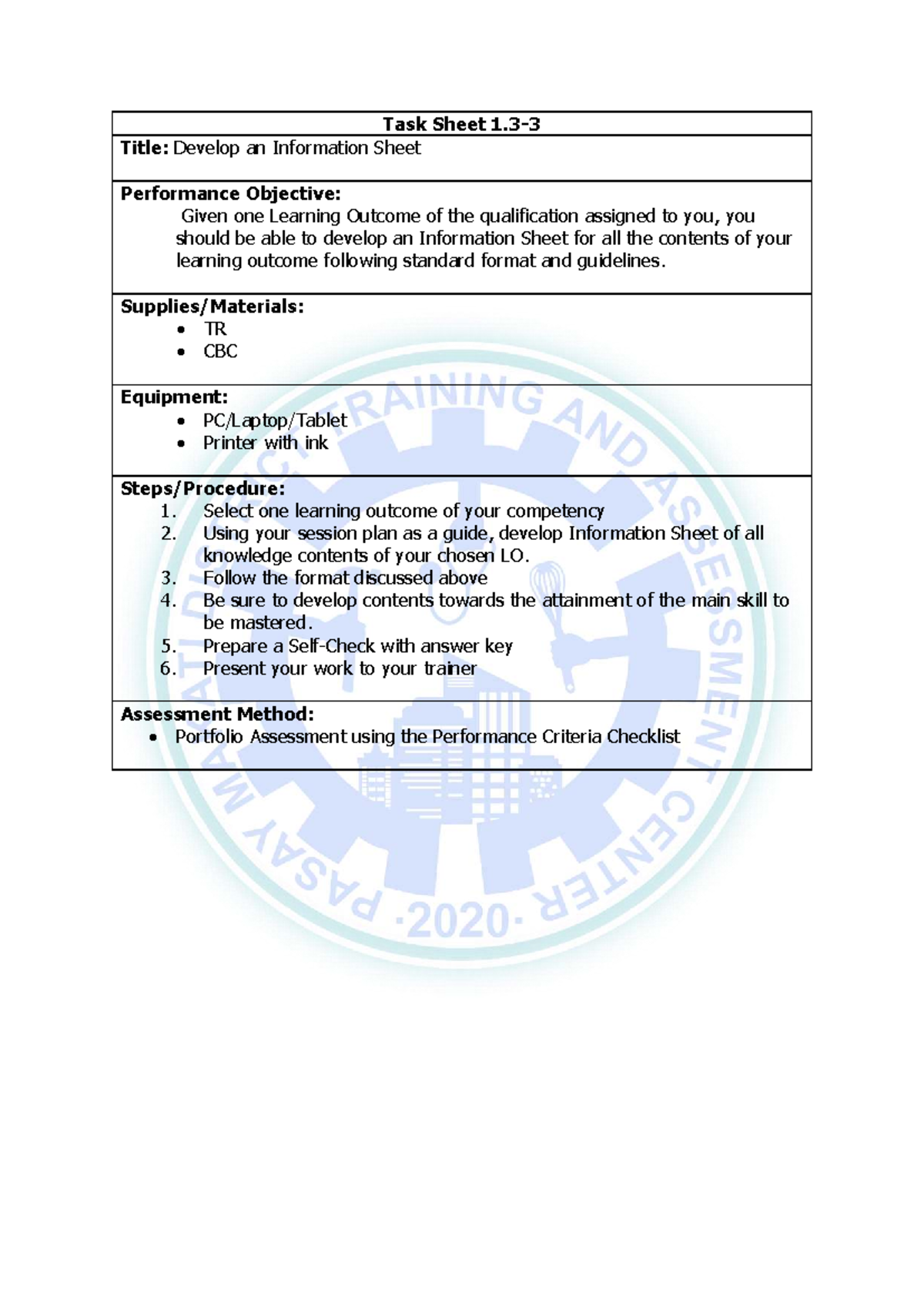 Task Sheet 1: Developing an Info Sheet for Learning Outcomes - Studocu