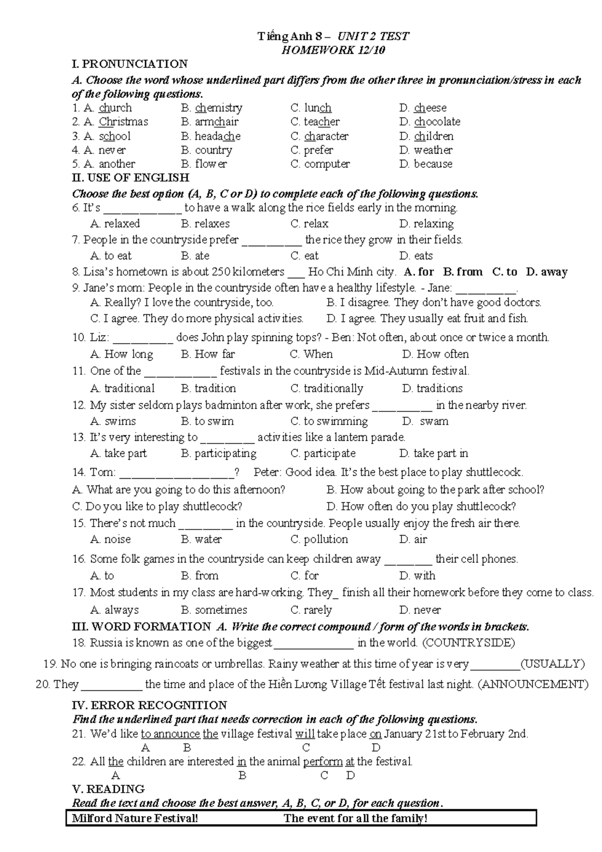 Tiếng Anh 8 UNIT 2 TEST HOMEWORK: Pronunciation & Use of English - Studocu