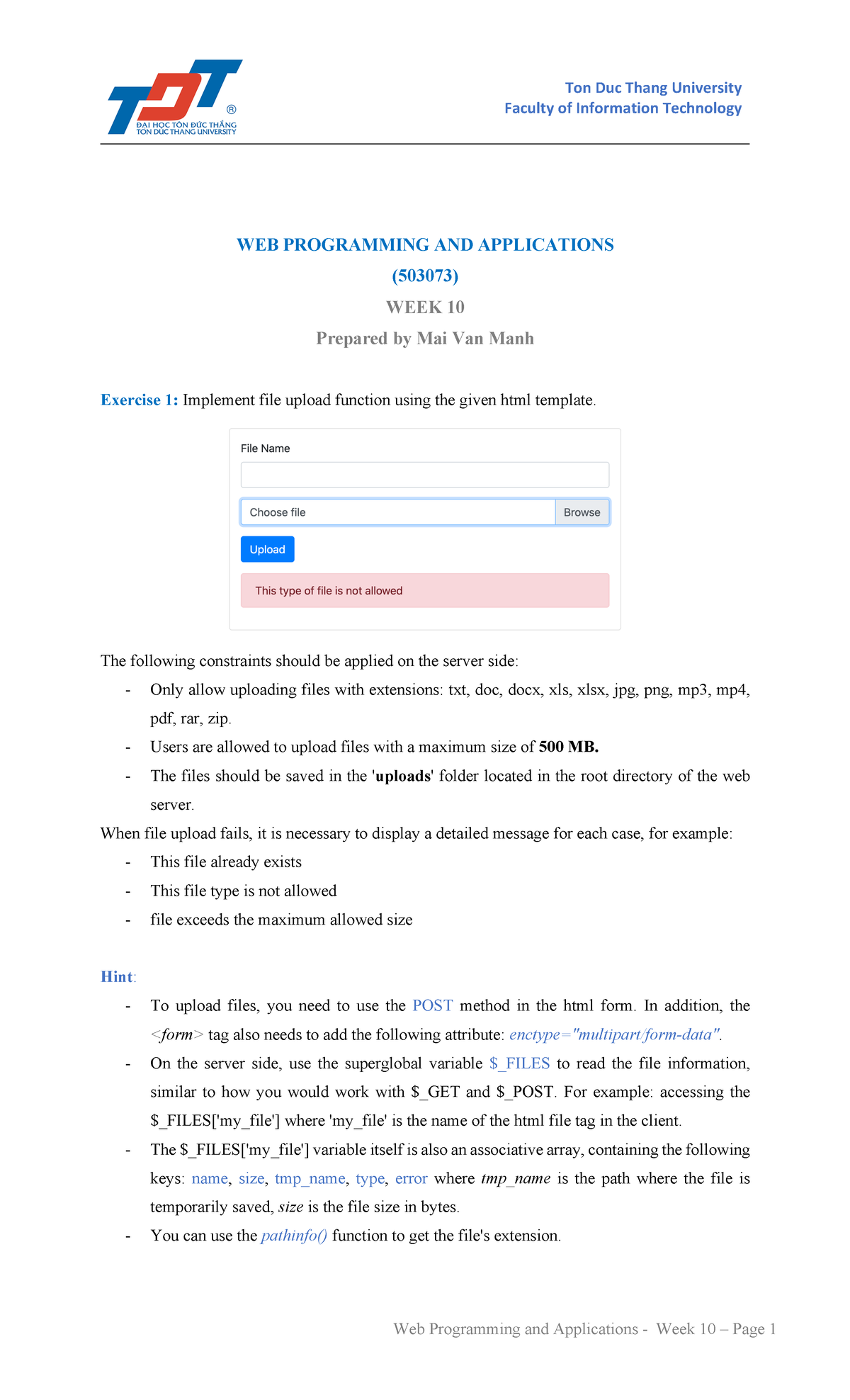 Lab10 - Lab 10 - Faculty of Information Technology WEB PROGRAMMING AND ...
