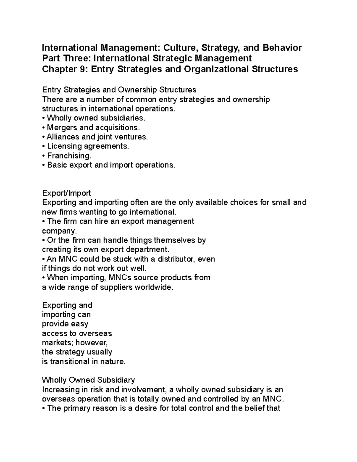 Chapter 9: Entry Strategies & Org Structures in Int'l Mgmt - Studocu