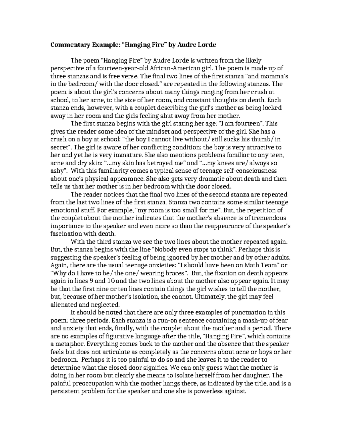 Example of commentary - ………… - Commentary Example: “Hanging Fire” by ...
