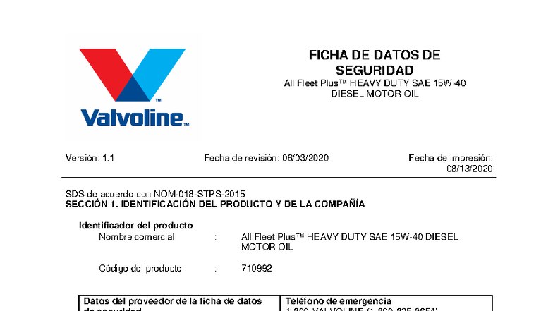 Hoja De Seguridad Aceite 15w40 Valvoline