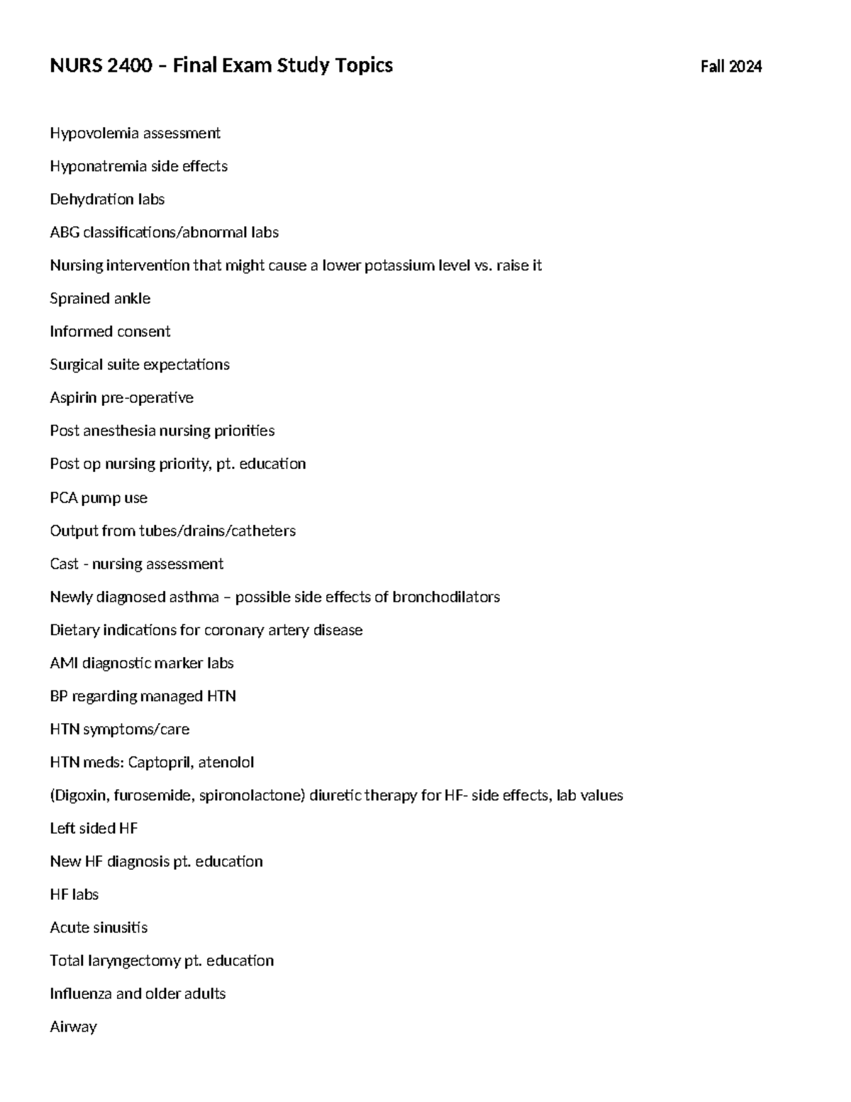 NURS 2400 Final Exam Study Guide Topics for Fall 2024 - Studocu