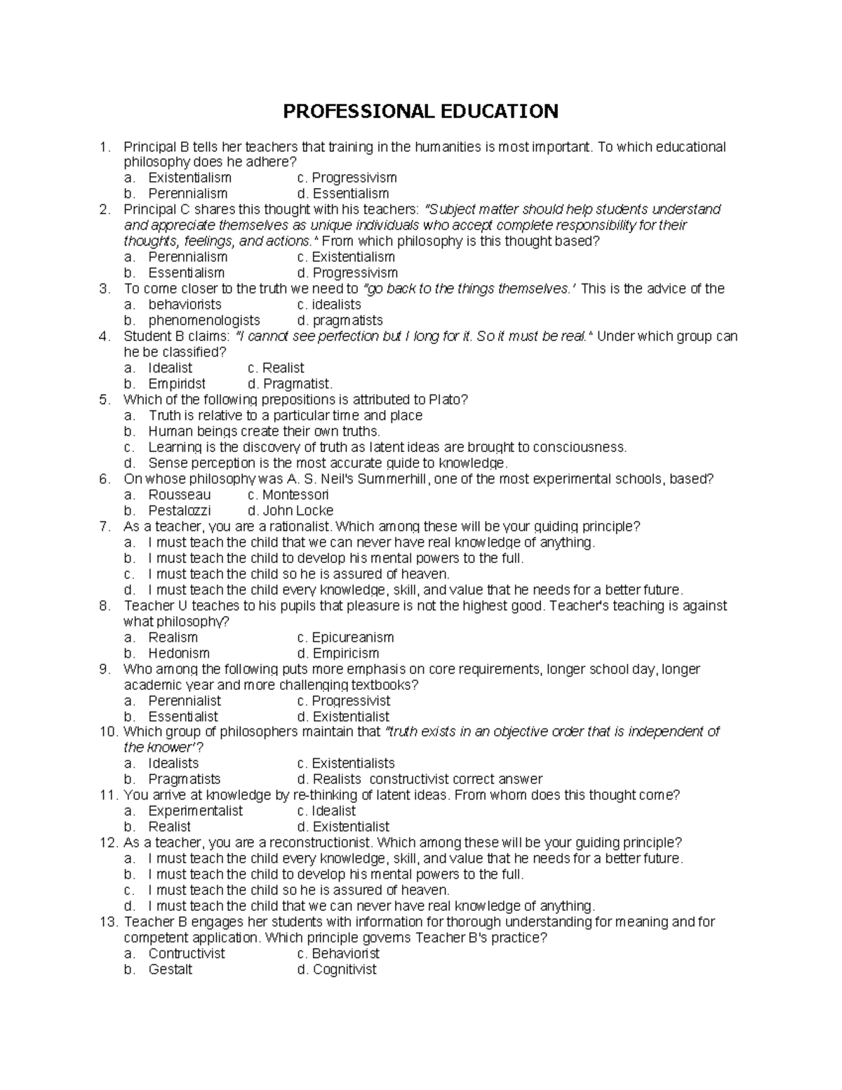 PROFESSIONAL EDUCATION 1: Educational Philosophies and Theories Quiz ...