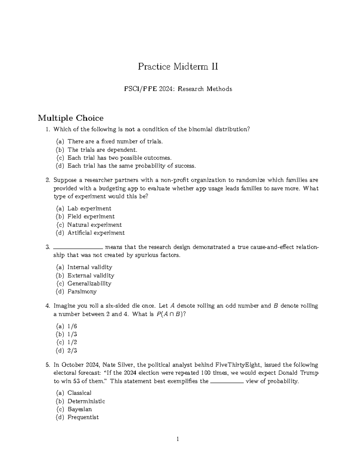 Practice Midterm II - PSCI/PPE 2024: Research Methods Questions ...