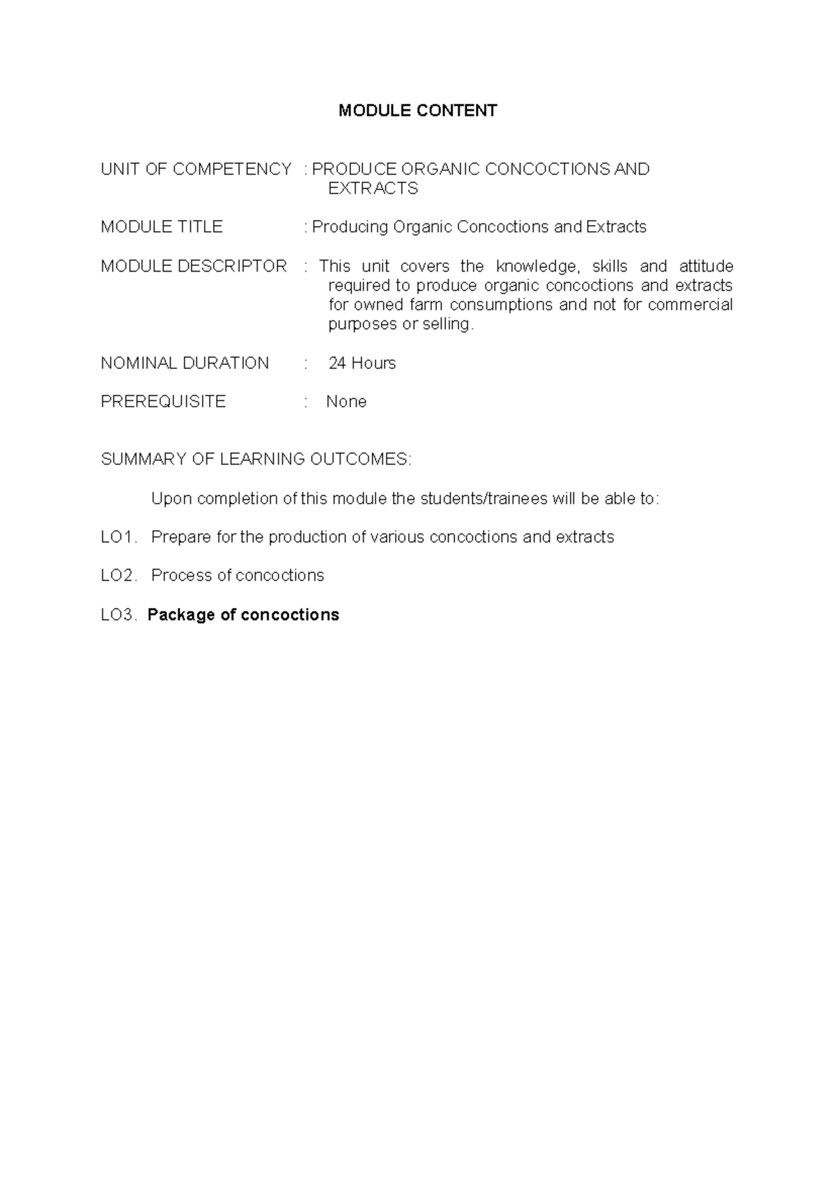 Module Content: Producing Organic Concoctions and Extracts (24H ...