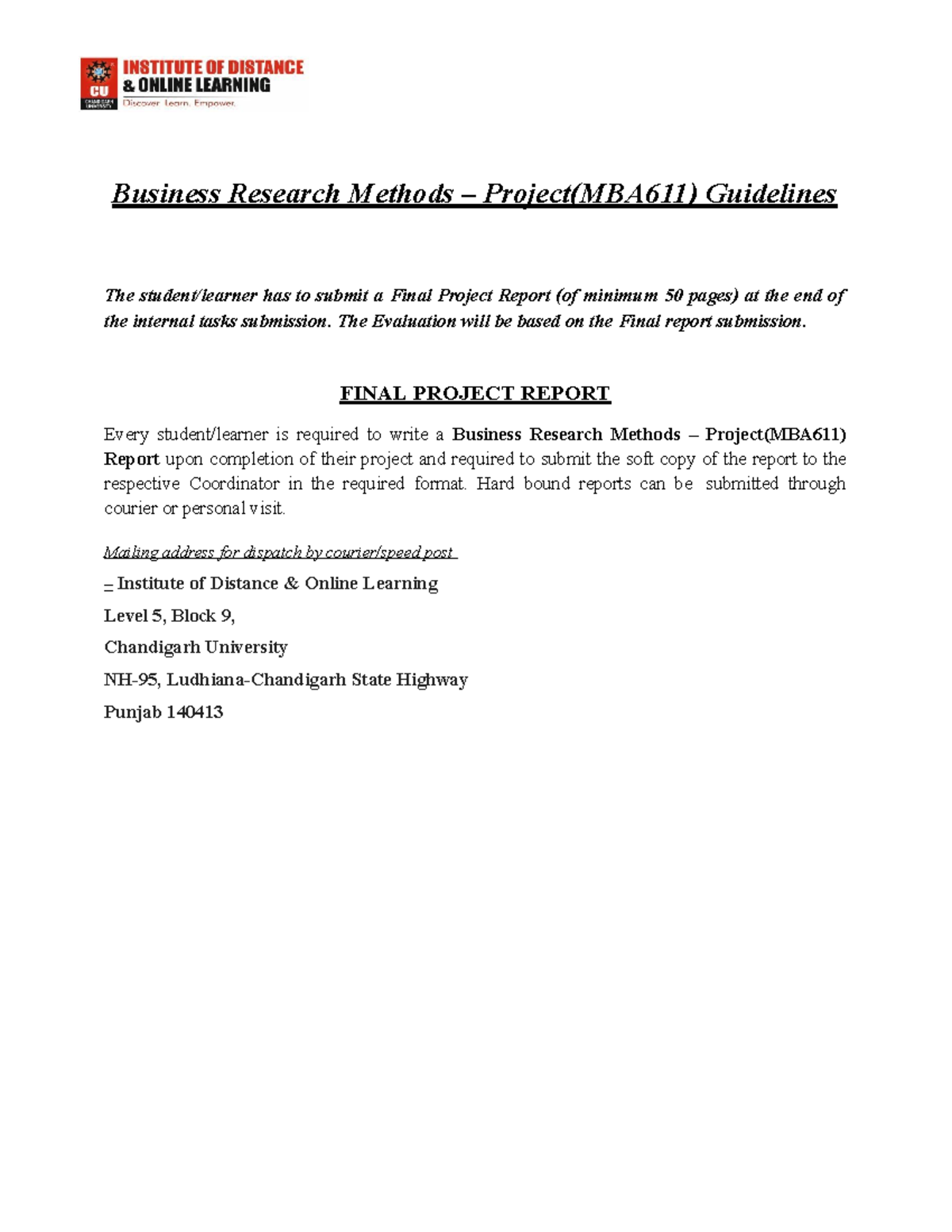 MBA 611 Business Research Methods - Final Project Report Guidelines ...