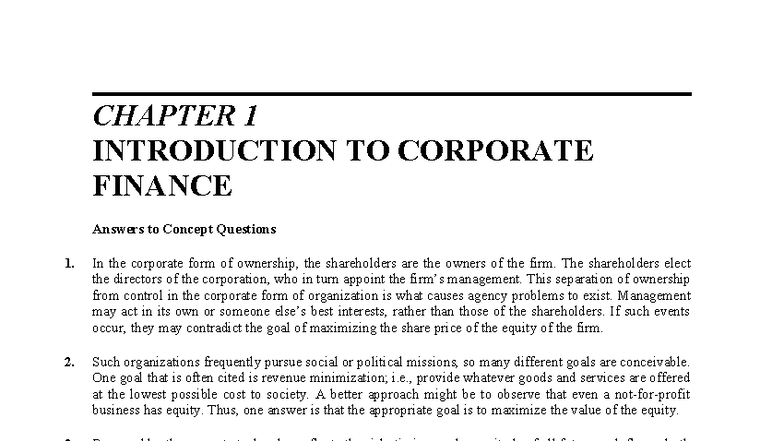 CF 101: Chapter 1 - Introduction to Corporate Finance Solutions - Studocu