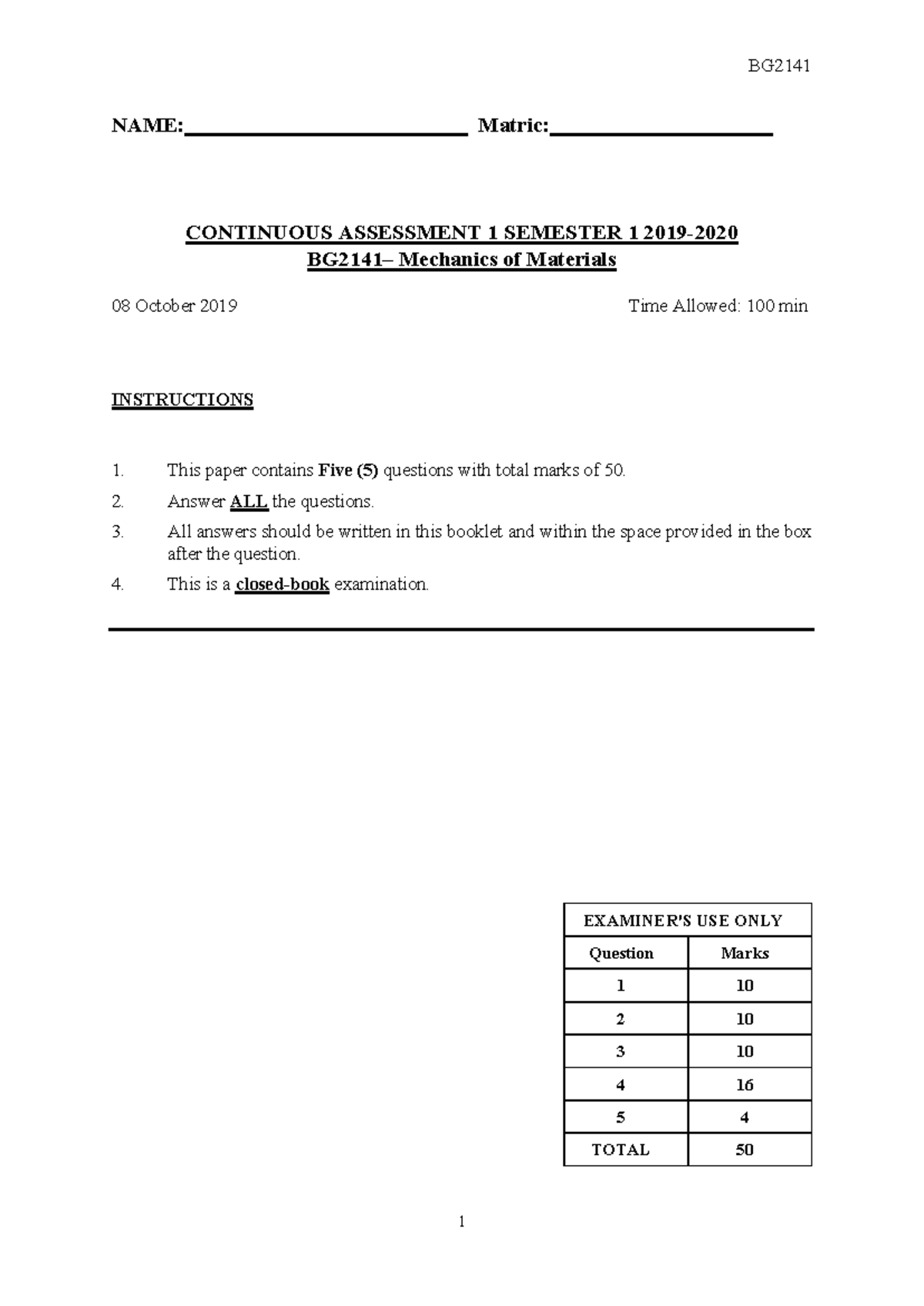 CA1 BG2141 Mechanics of Materials 2019 Exam Solutions - Studocu