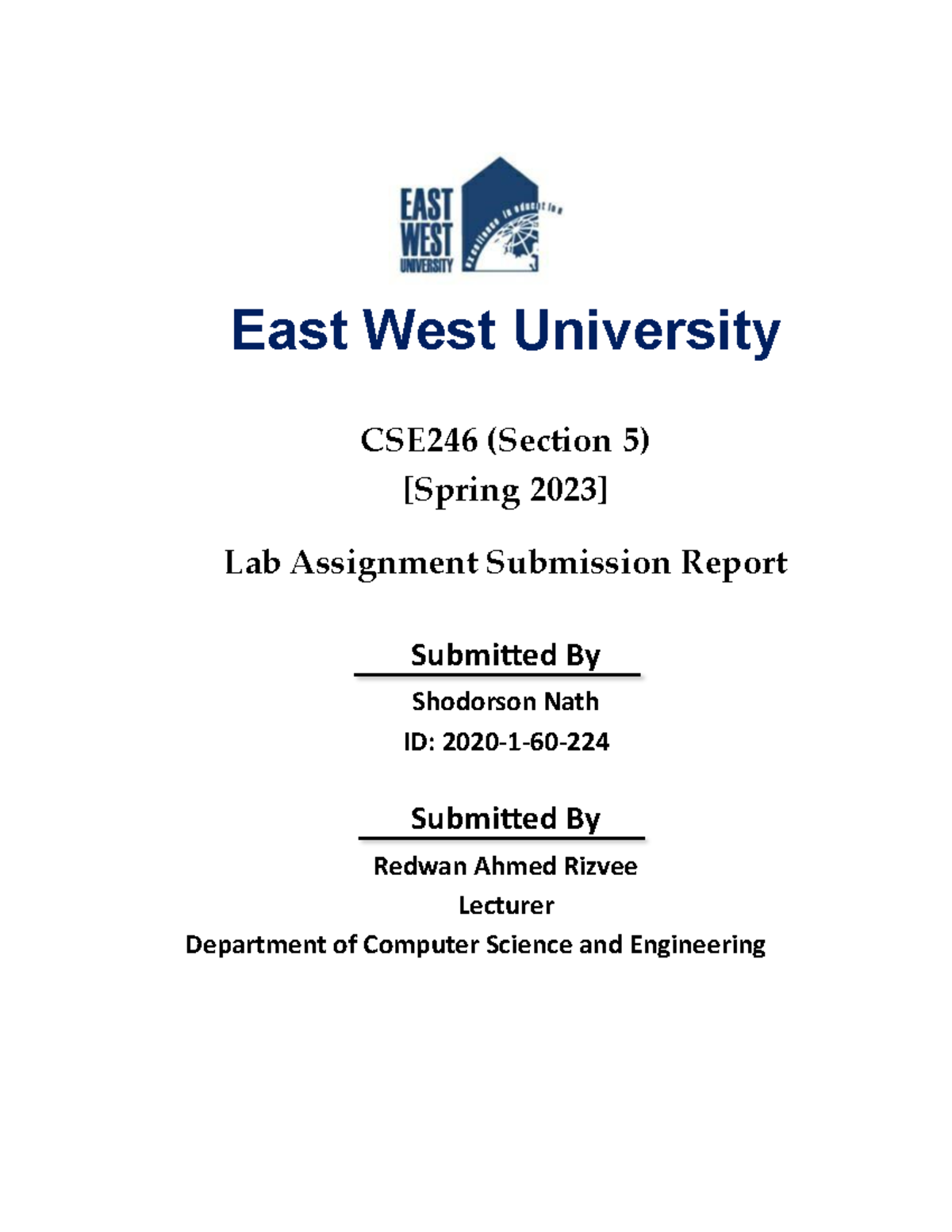 CSE246 - Lab Assignment Submission Report - Studocu