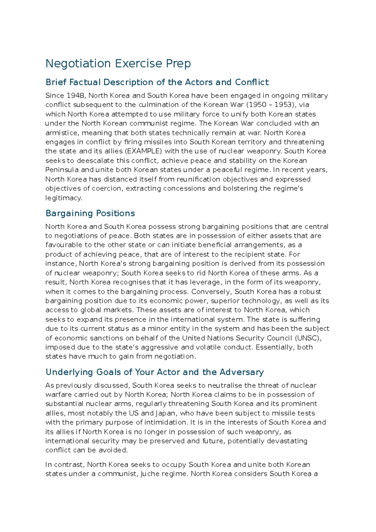 POLS2132 - Negotiation Exercise Prep: Korean Conflict Analysis - Studocu