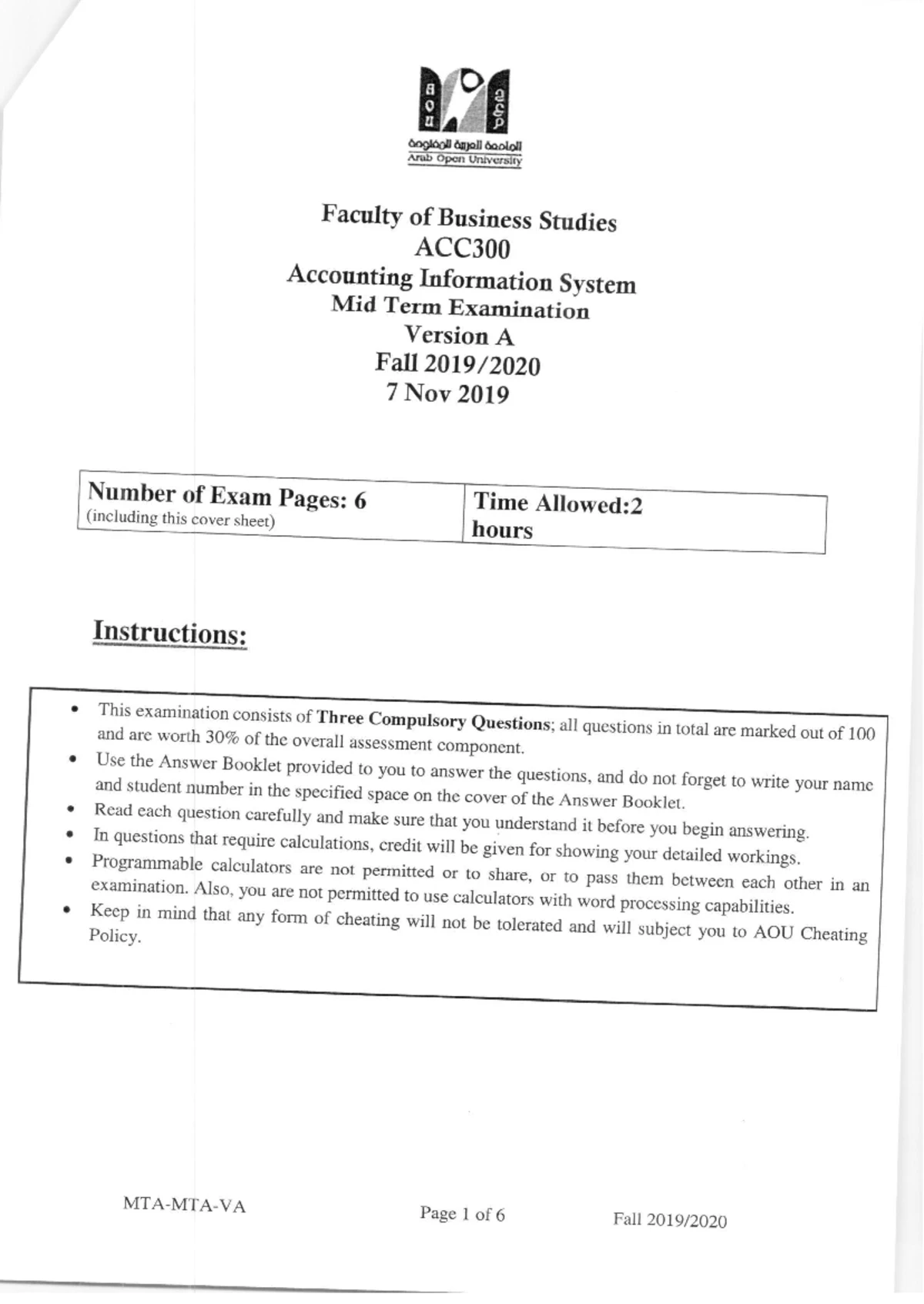 ACC300 MTA Fall 2025 - Accounting Information System - Studocu