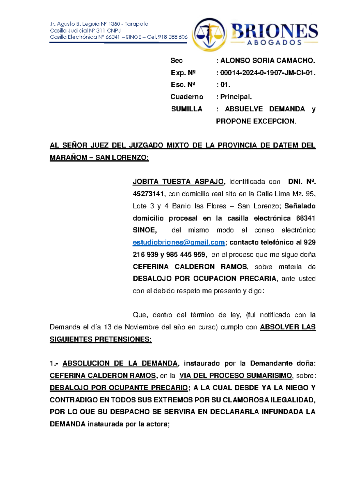 Respuesta a Absuelve Demanda de Desalojo - Exp. Nº 00014-2024 - Document Preview