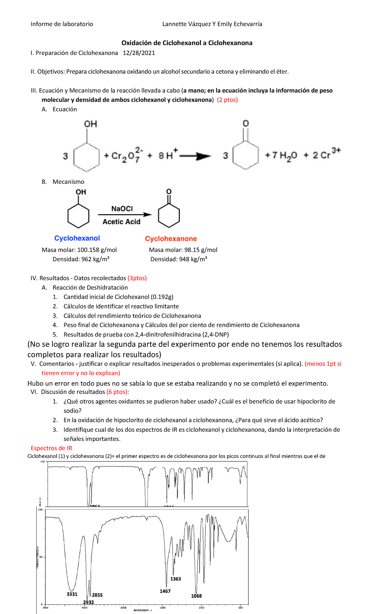 Informe de Laboratorio: Oxidación de Ciclohexanol a Ciclohexanona - Studocu