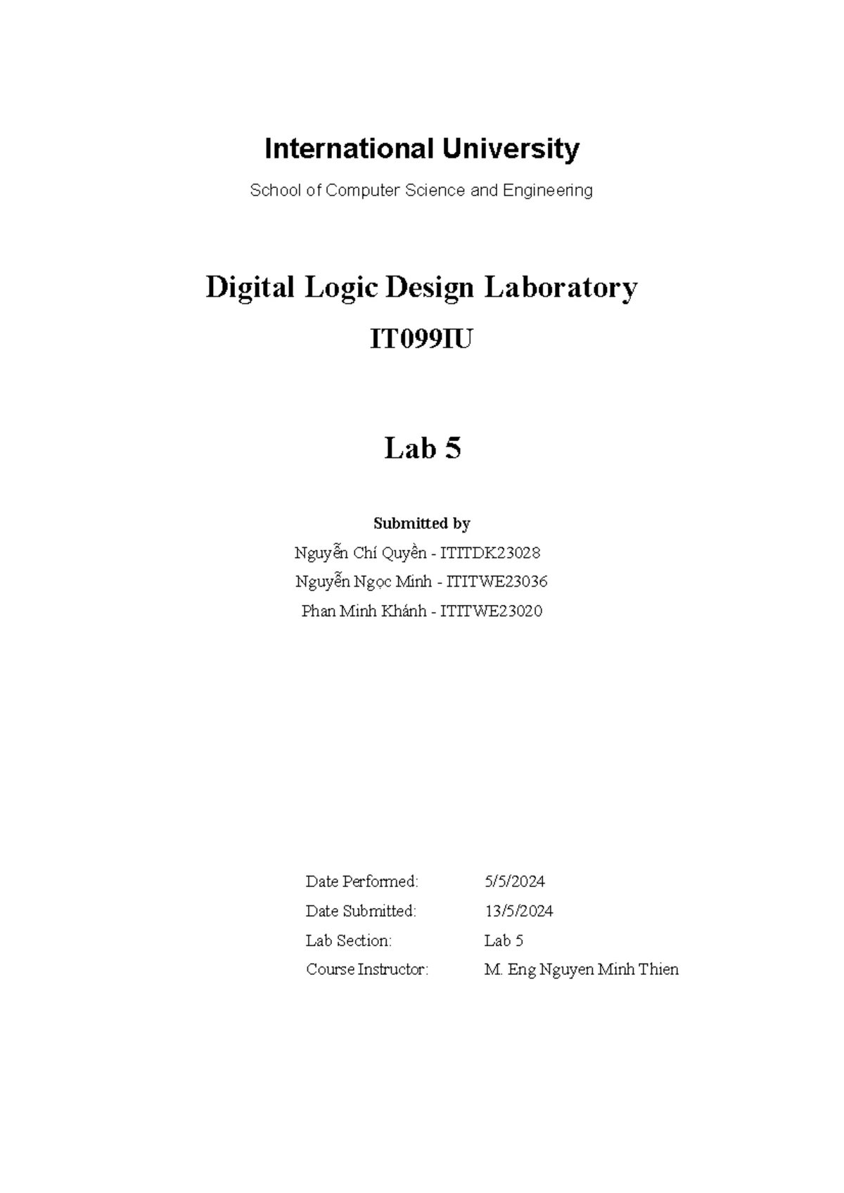 IT099IU Digital Logic Design Lab Final Exam Project Report - Studocu