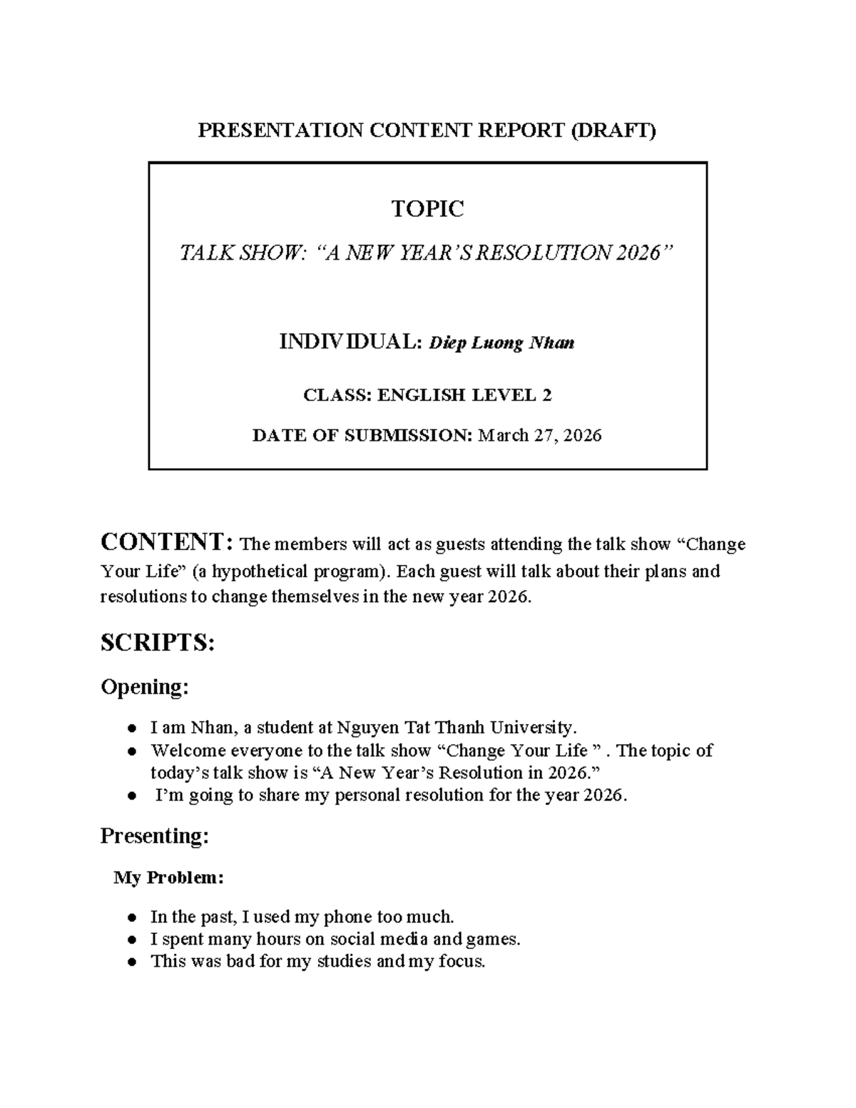 ENGLISH LEVEL 2: Talk Show Presentation on New Resolutions - Studocu