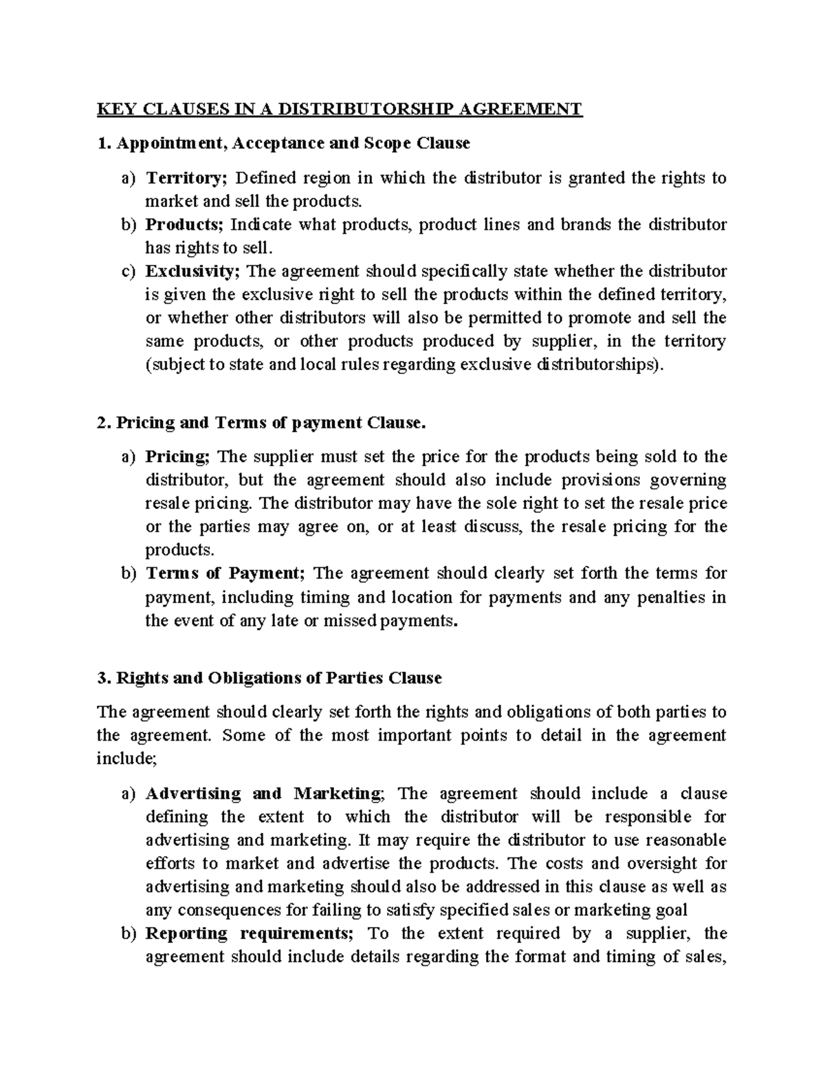 KEY Clauses in Distributorship, Agency & Joint Venture Agreements - Studocu