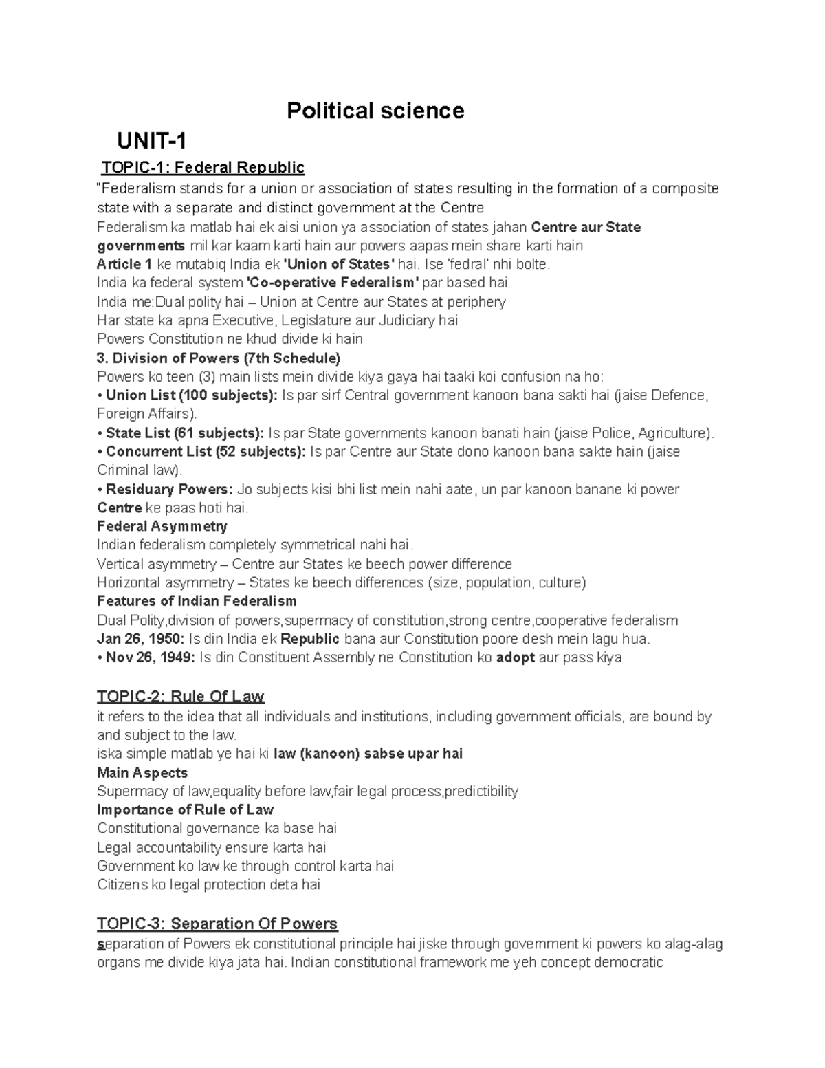 Political Science Notes: Federalism and Constitutional Principles (VAC ...