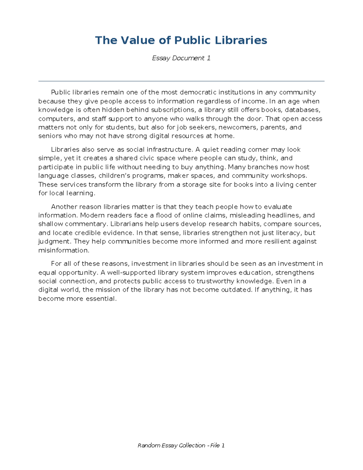 The Importance of Public Libraries: An Essay Document 1 - Studocu