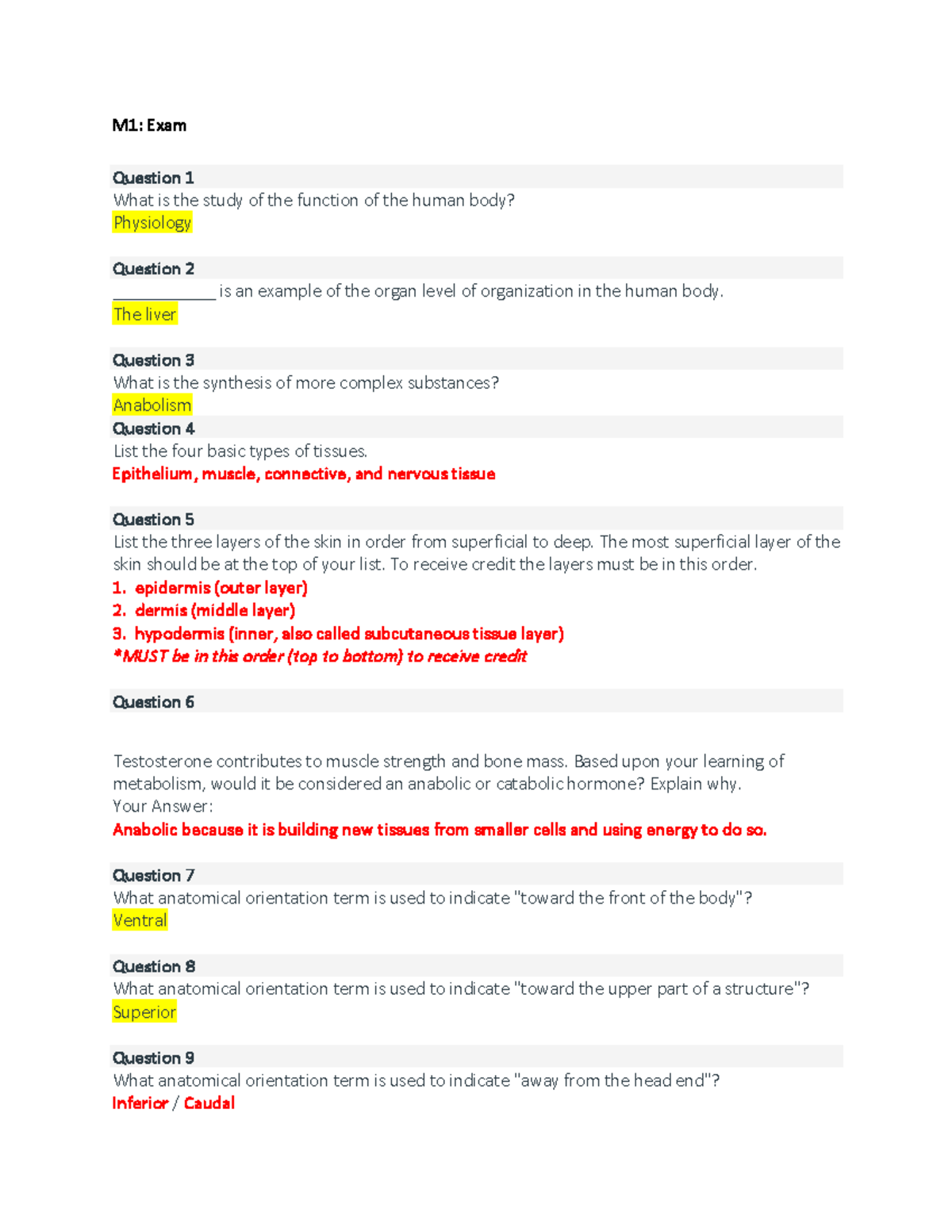 M1: Exam Questions on Human Physiology and Anatomy Concepts - Studocu