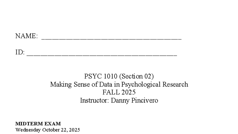 PSYC 1010 Midterm Exam - Making Sense of Data - F25 - Studocu