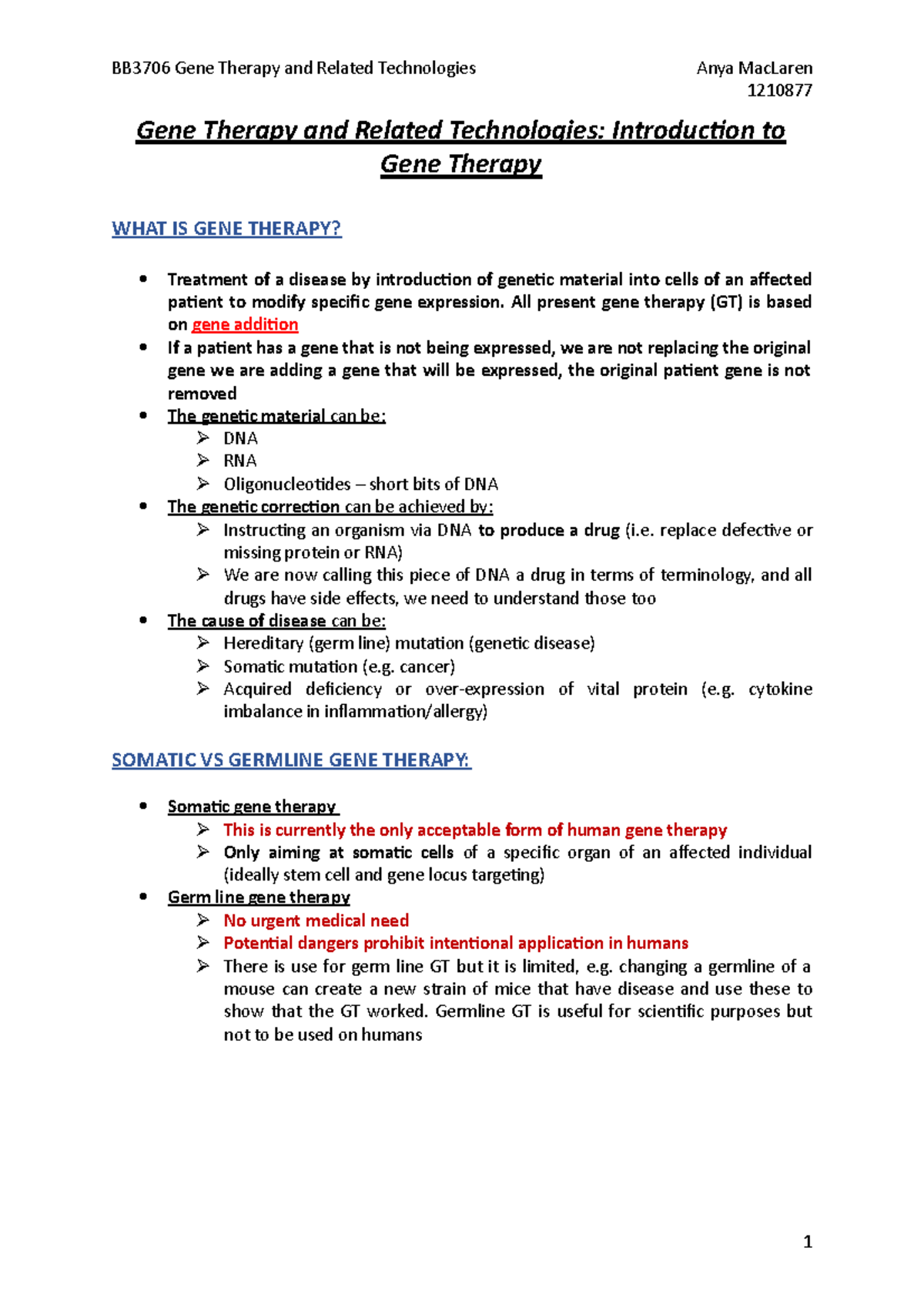 BB3706 Gene Therapy - Comprehensive Lecture Notes Overview - Studocu