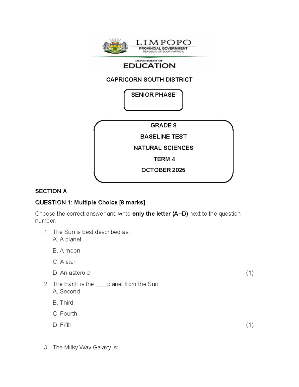 CAPRICORN GRADE 8 NATURAL SCIENCES BASELINE TEST TERM 4 2025 - Studocu