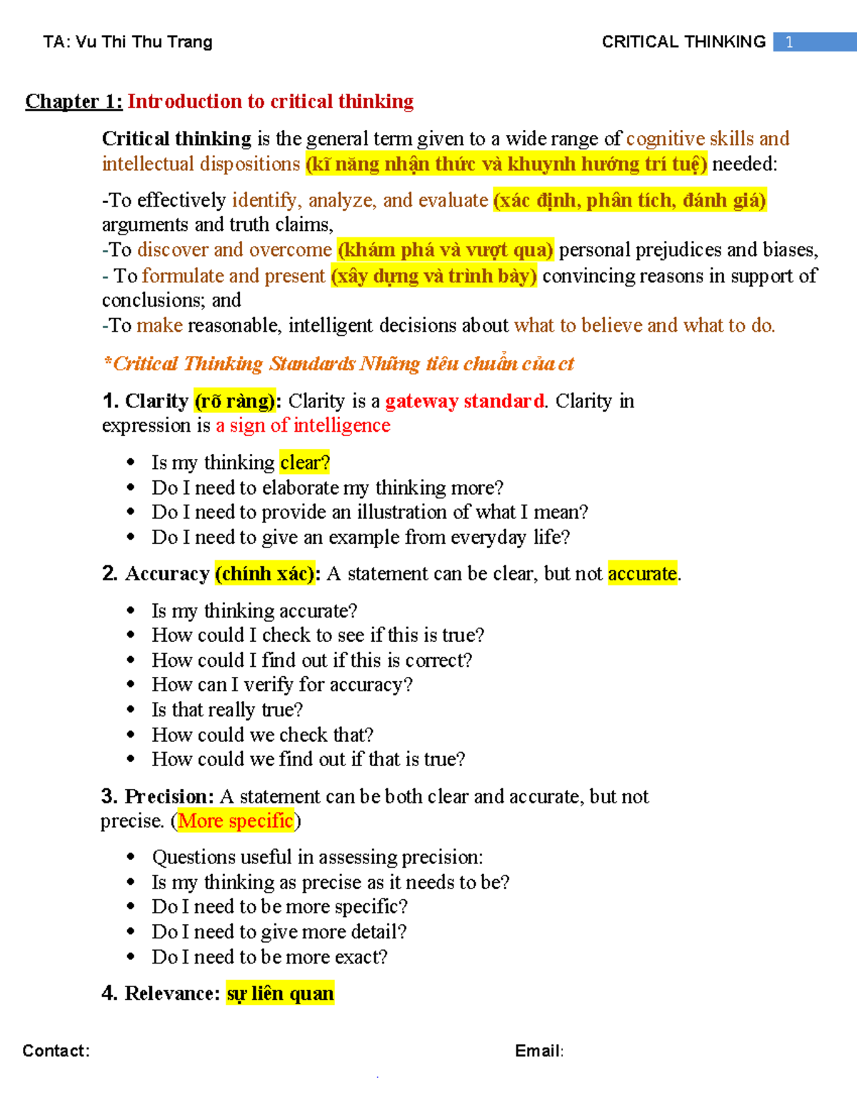 Critical Thinking 1 & 2: Mid Revision Notes by TA Vu Thi Thu Trang ...