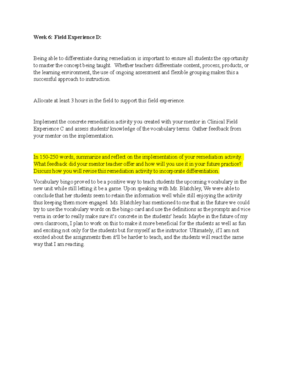 Field Experience Reflection: Remediation Strategies REA-325 - Studocu