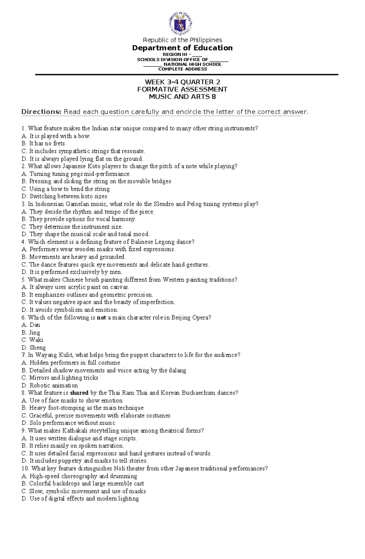 Q2 Music and Arts 8 - Quiz for Weeks 3-4 - Studocu