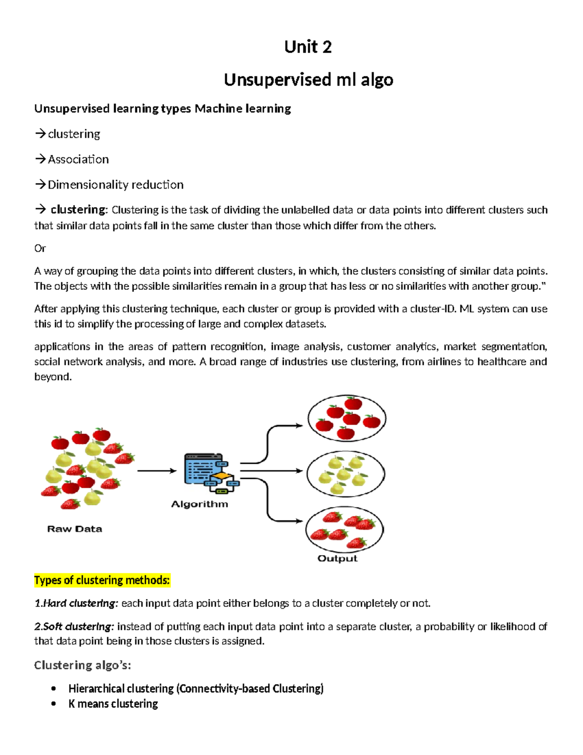 Unsupervised learning - Unit 2 Unsupervised ml algo Unsupervised ...