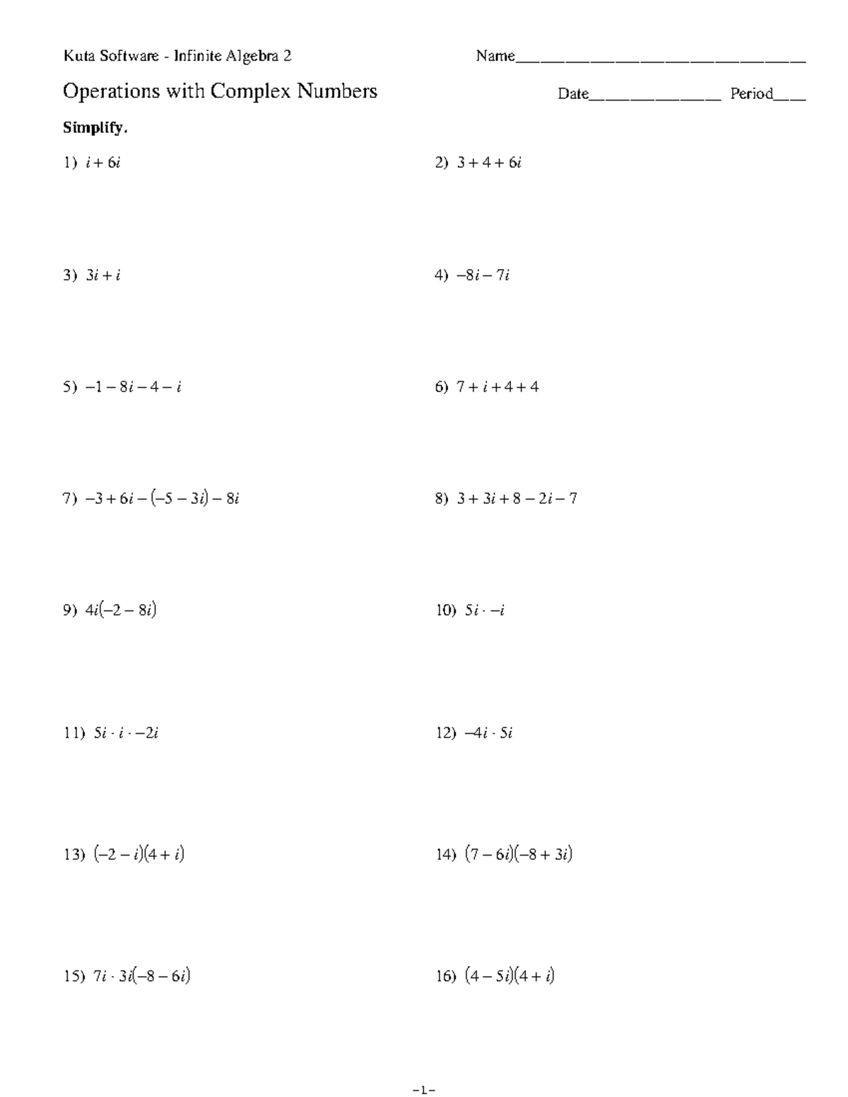 Operations with Complex Numbers - ©f i 2 N 0 O 122 F EKuuntlai ZS 3 ...