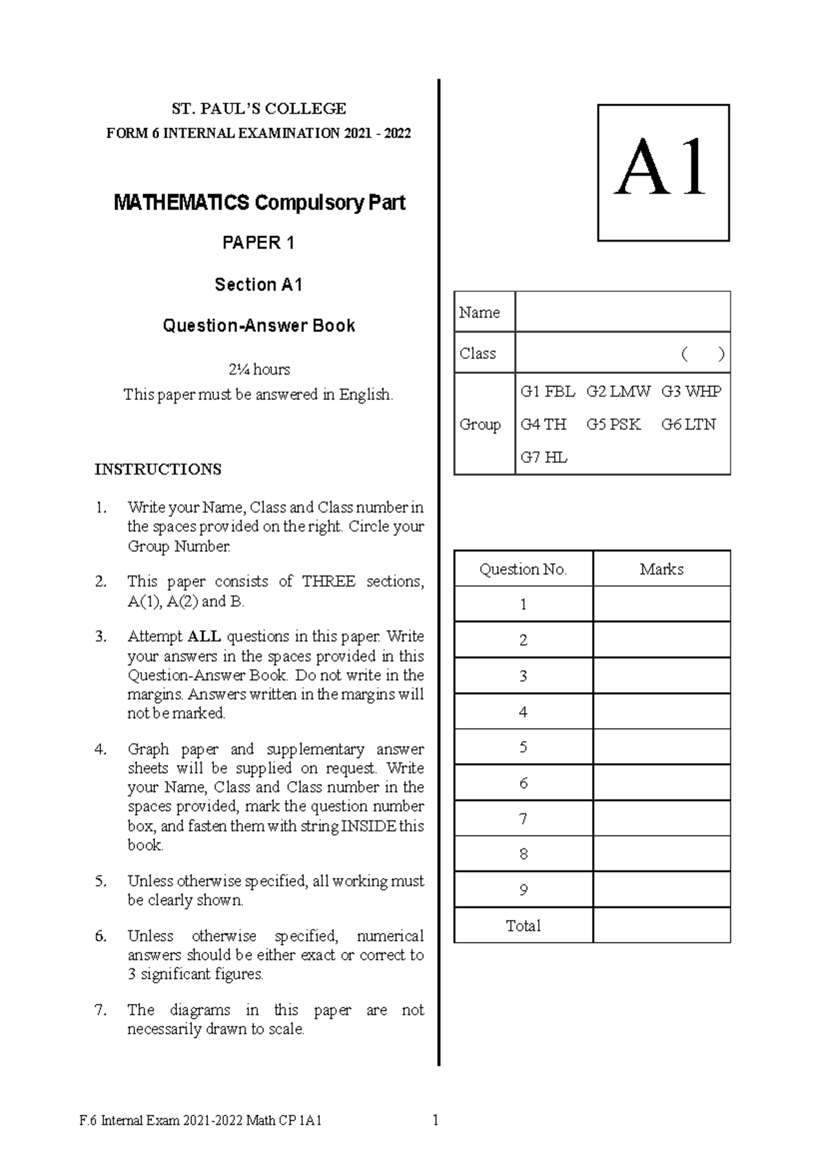 F.6 Internal Exam Mathematics CP 1A1 2021-2022 Paper 1 Section A1 - Studocu