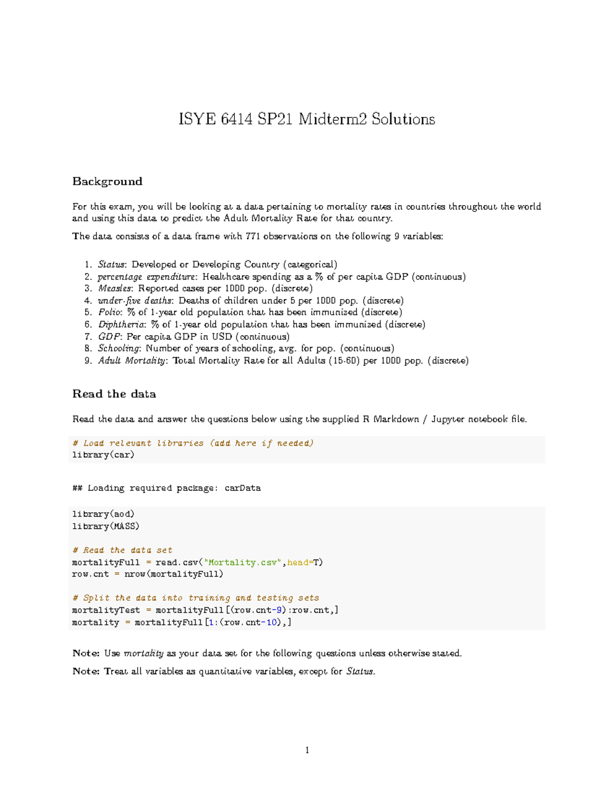 ISYE 6414 SP21 Midterm 2 Part 2: Mortality Rate Prediction Solutions ...