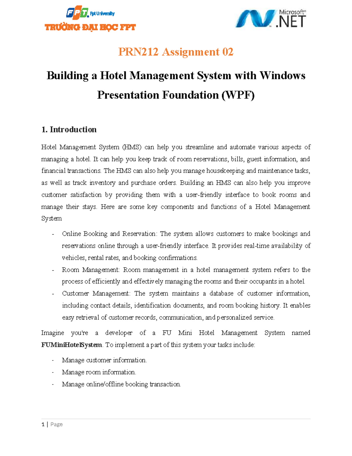 PRN212 Assignment 02: Developing a Hotel Management System with WPF ...