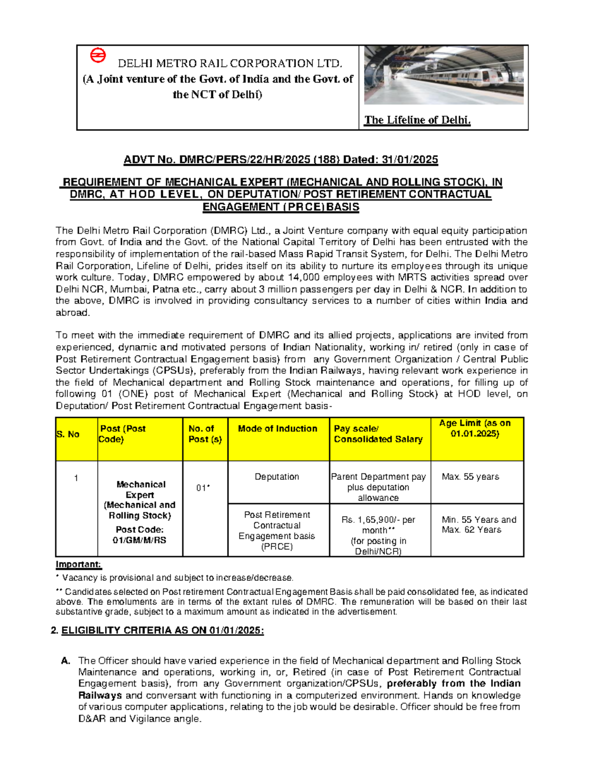 DMRC Recruitment Advt. No. 188: Mechanical Expert (HOD Level) PRCE ...