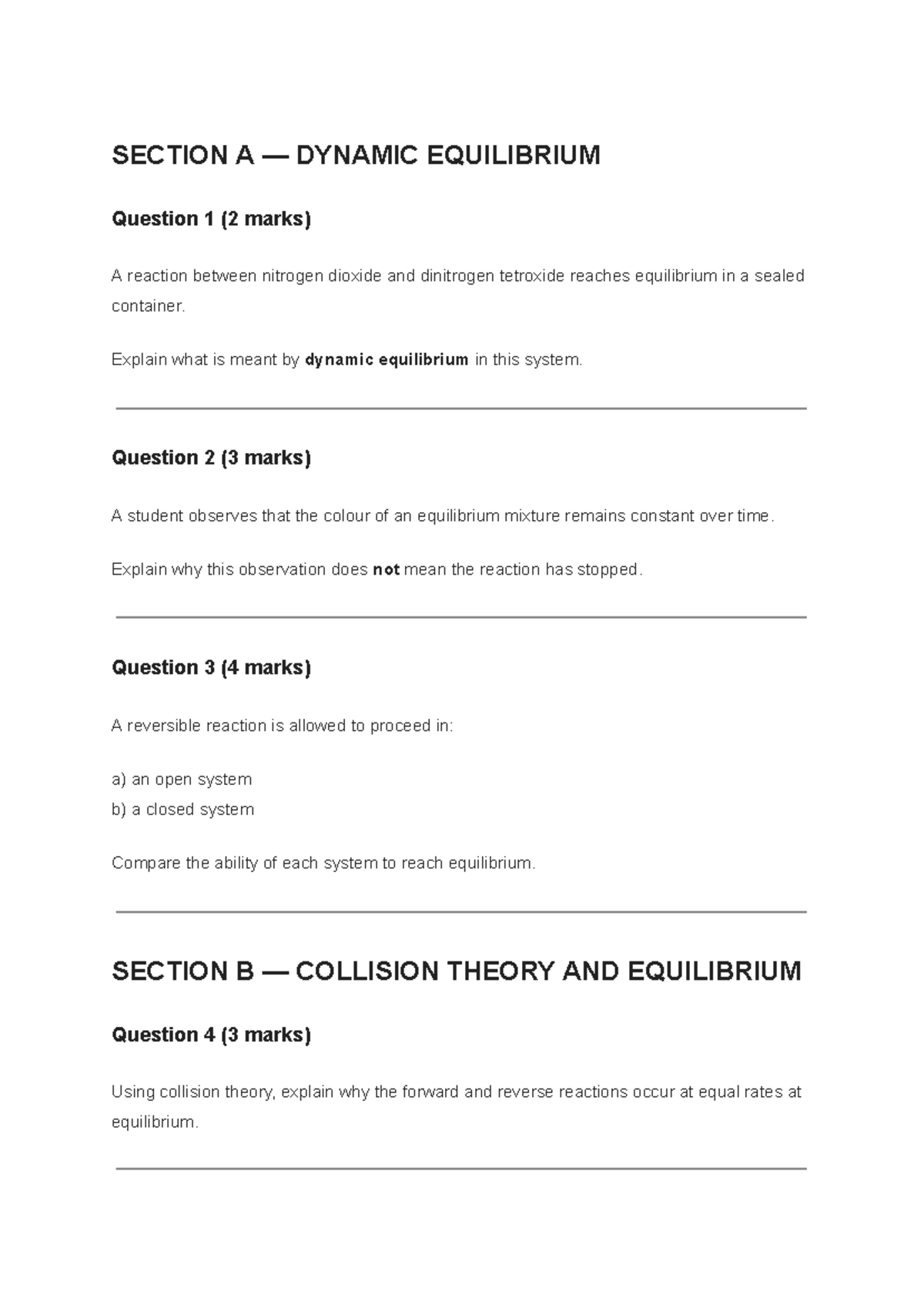 HSC Chemistry Exam Style Questions: Dynamic Equilibrium & Collision ...