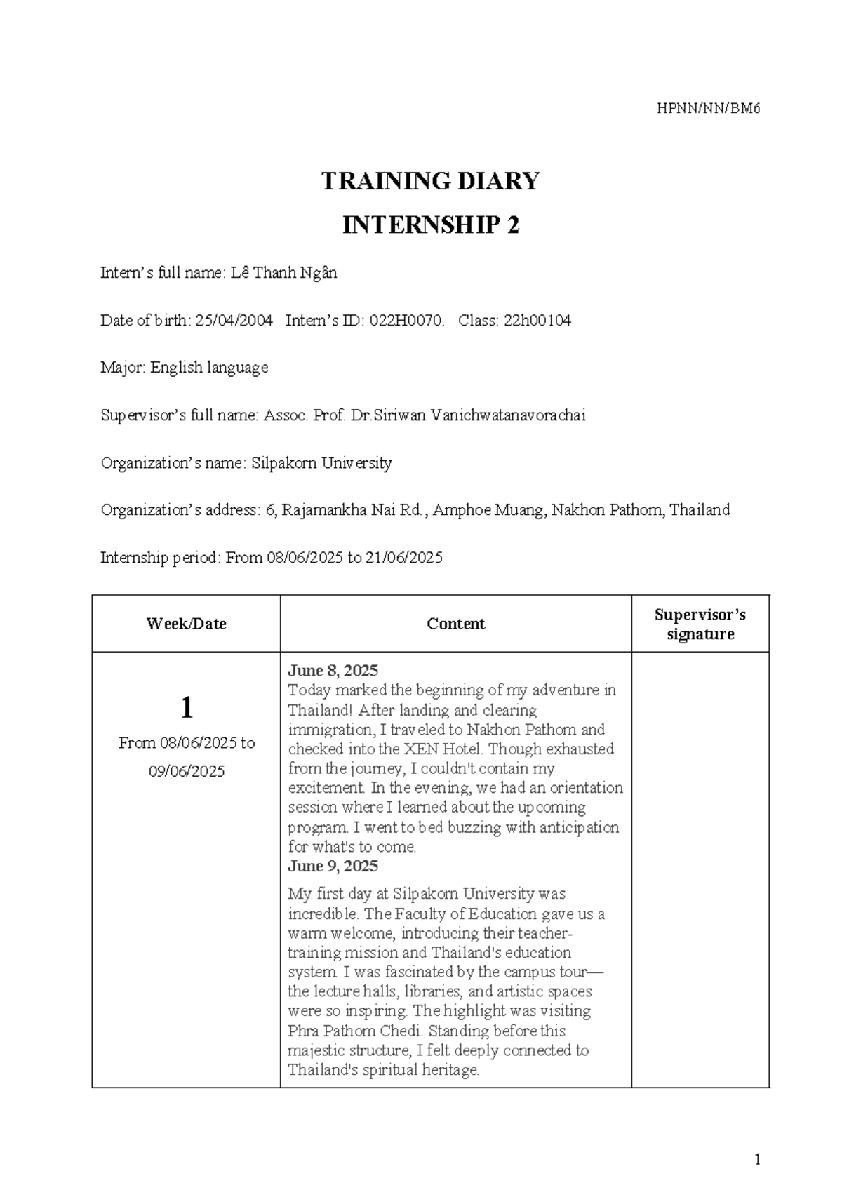 BM6 - Internship Training Diary: Cultural Exchange in Thailand - Studocu