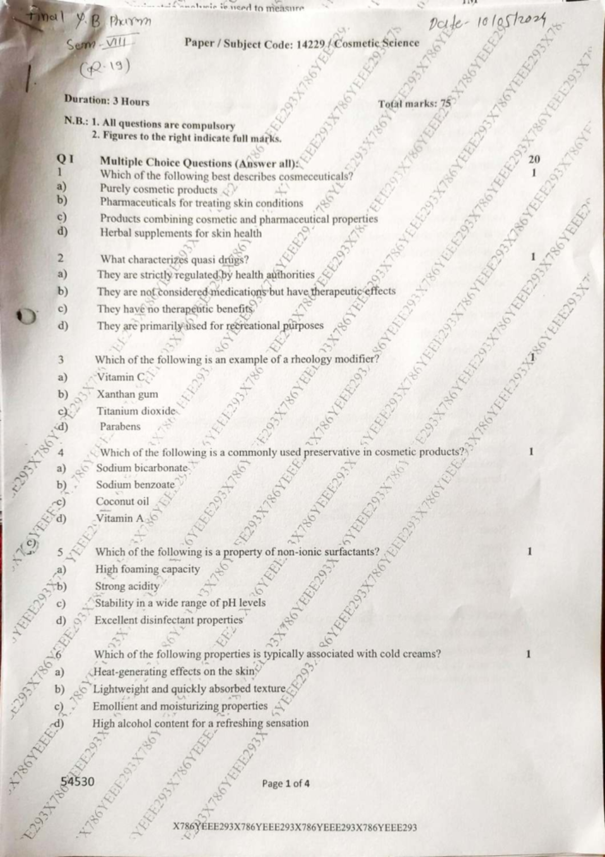 Final Exam - Question Bank for Cosmetic Science 14229 - Document Preview