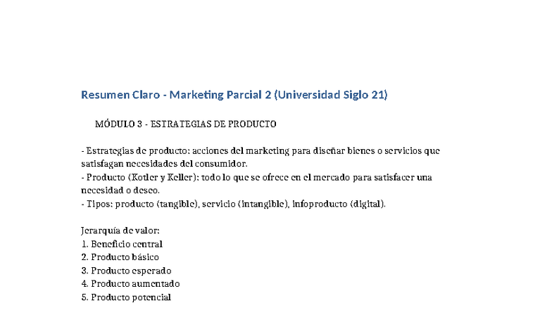 Resumen Marketing Parcial 2 (Siglo 21) - Estrategias de Producto y ...