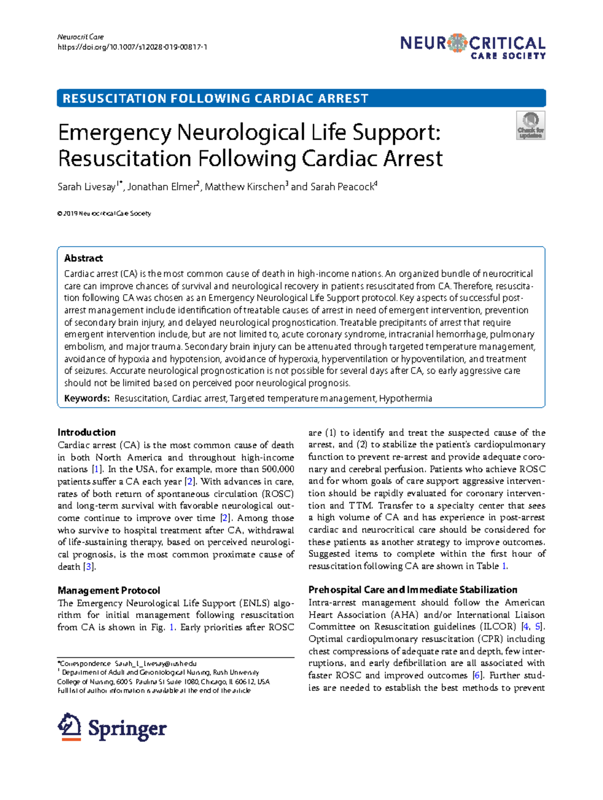 Neurocritical Care ENLS Protocol: Resuscitation Post-Cardiac Arrest ...